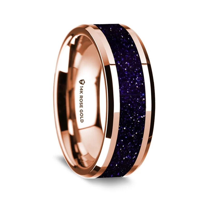 Diamond-encrusted rings for women-14k Rose Gold Men's Wedding Band with Purple Goldstone Inlay