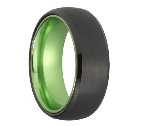 Affordable sterling silver rings-Brushed Black Tungsten Men's Wedding Band with Contrasting Green Interior