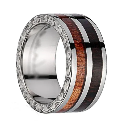 Beautiful diamond rings for special events-Macassar Ebony & Koa Wood Inlaid Men's Wedding Band with Titanium Scroll