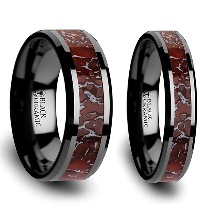 Beautiful cocktail rings for women-Red Dinosaur Bone Inlaid Black Ceramic Couple's Matching Wedding Band Set