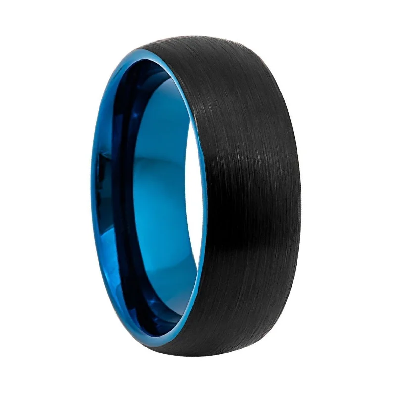 Custom-designed rings for women-Domed Brushed Black Tungsten Men's Wedding Band with Contrasting Blue Interior