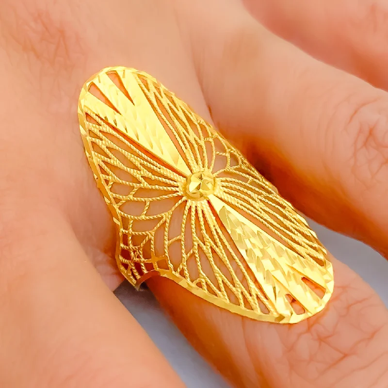 Beautiful rings with intricate designs-Glistening Striped Floral 21k Gold Ring