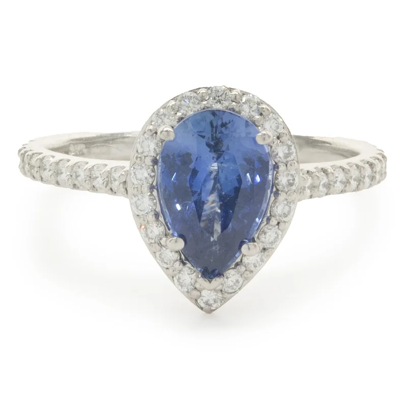 Elegant engagement rings with oval diamonds-14 Karat White Gold Pear Cut Sapphire and Diamond Ring