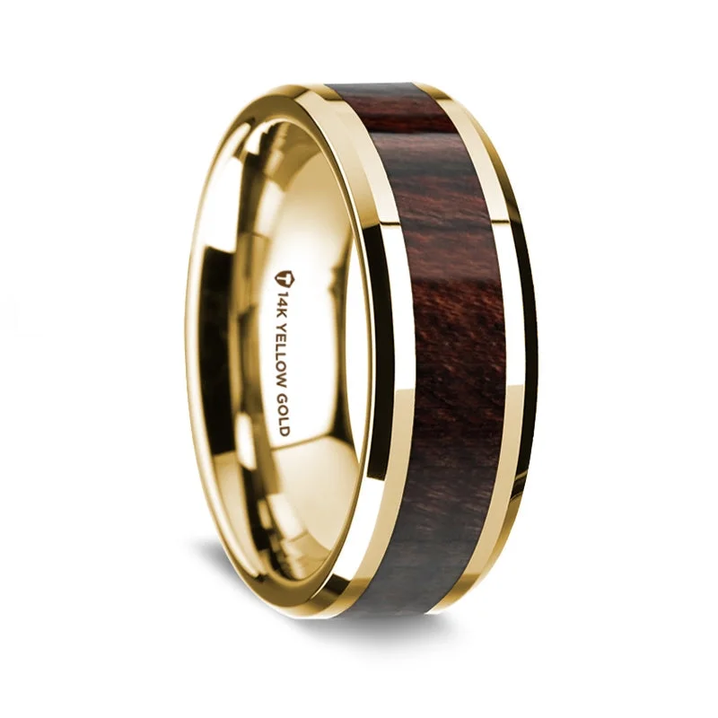 Beautiful wedding rings with sapphires-14k Yellow Gold Men's Wedding Band with Bubinga Wood Inlay