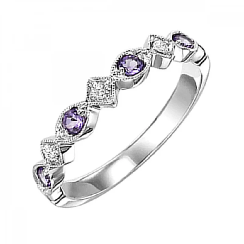 Simple engagement rings for women-Stackable Round Amethyst and Diamond Ring Band in10k White Gold