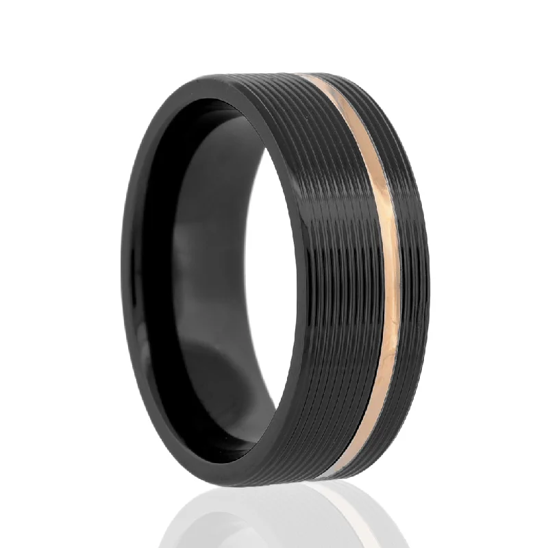 Simple yet elegant rings with diamonds-Zirconium Men's Wedding Band with Rose Gold Asymmetrical Groove