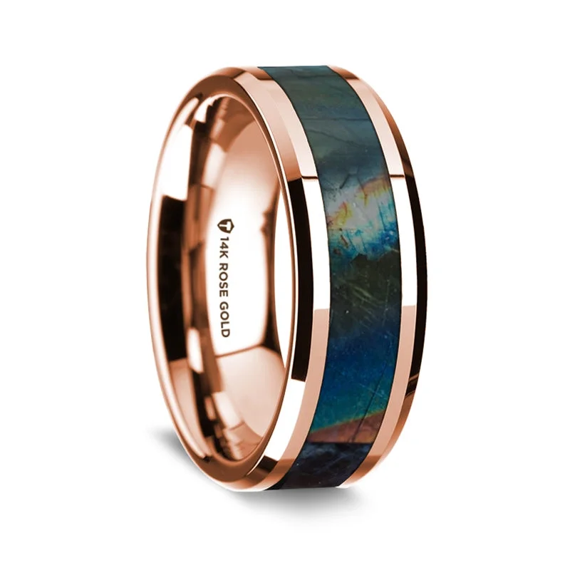 Elegant engagement rings with emeralds-14k Rose Gold Men's Wedding Band with Spectrolite Inlay