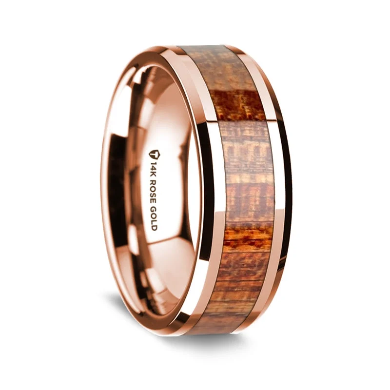 Classic diamond rings with intricate settings-14k Rose Gold Men's Wedding Band with Mahogany Wood Inlay