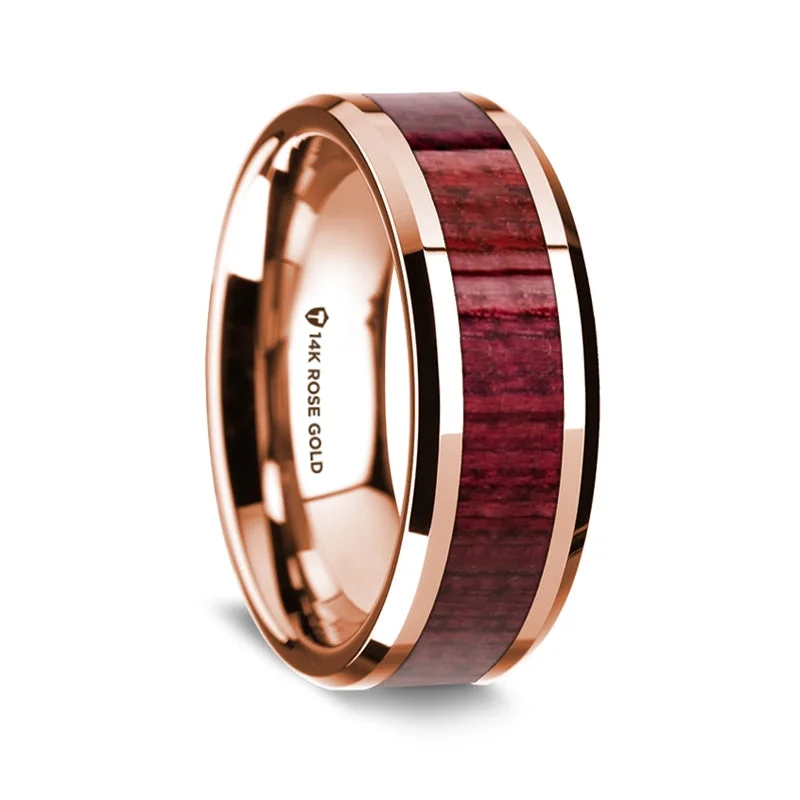 Designer rings with sapphires-14k Rose Gold Men's Wedding Band with Purpleheart Wood Inlay