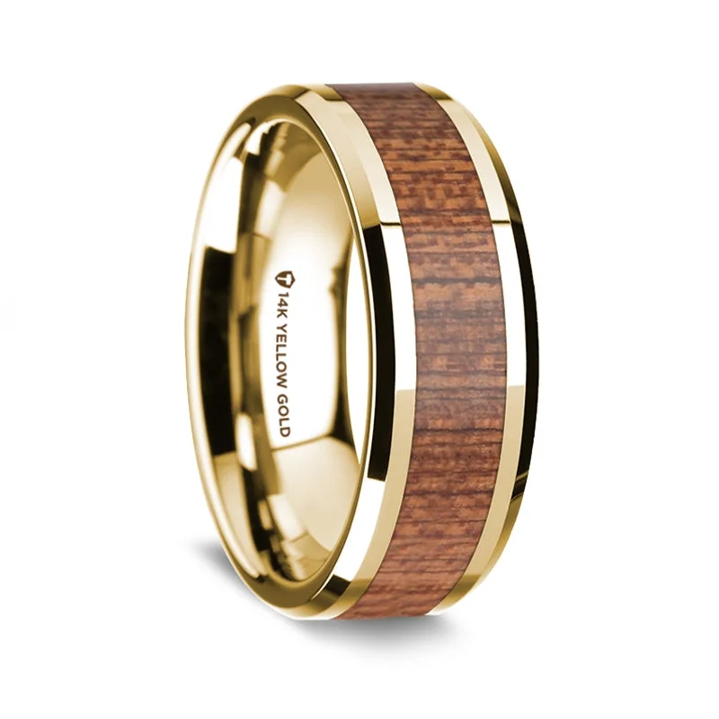 Classic diamond rings for women-14k Yellow Gold Men's Wedding Band with Cherry Wood Inlay