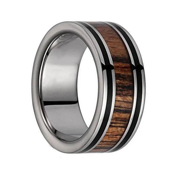 Stylish rings with multicolored gemstones-Men's Titanium Wedding Band with Ebony Gabon & Bocote Wood Inlay