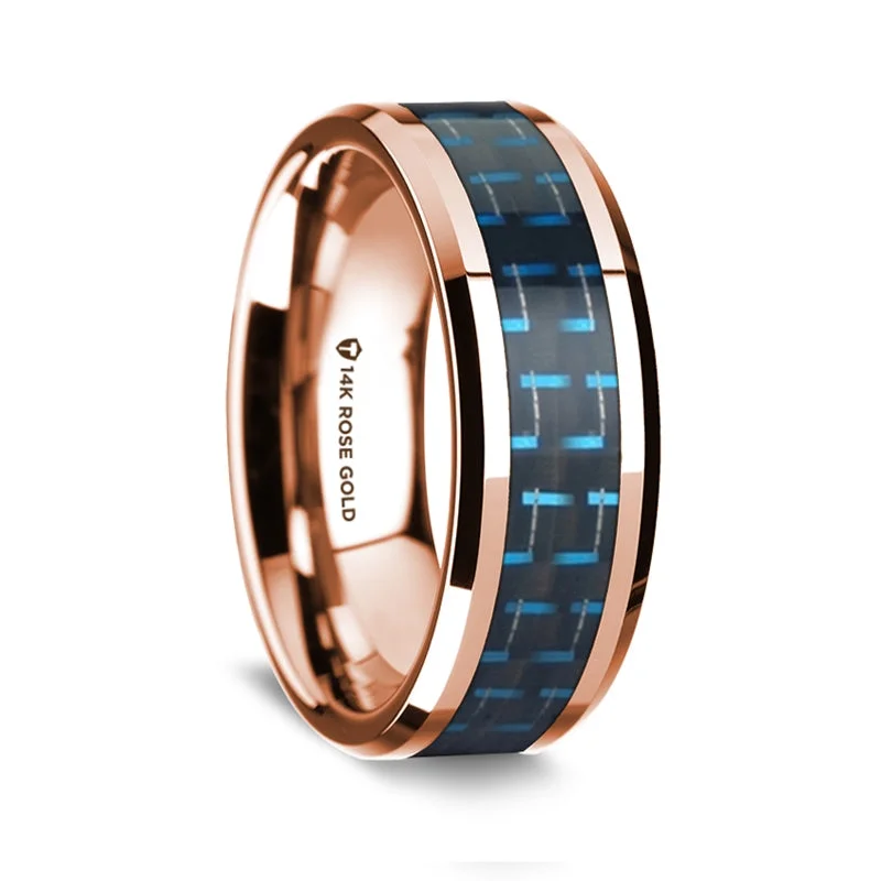 Modern rings with clean lines-Blue & Black Carbon Fiber Inlay 14k Rose Gold Men's Wedding Band