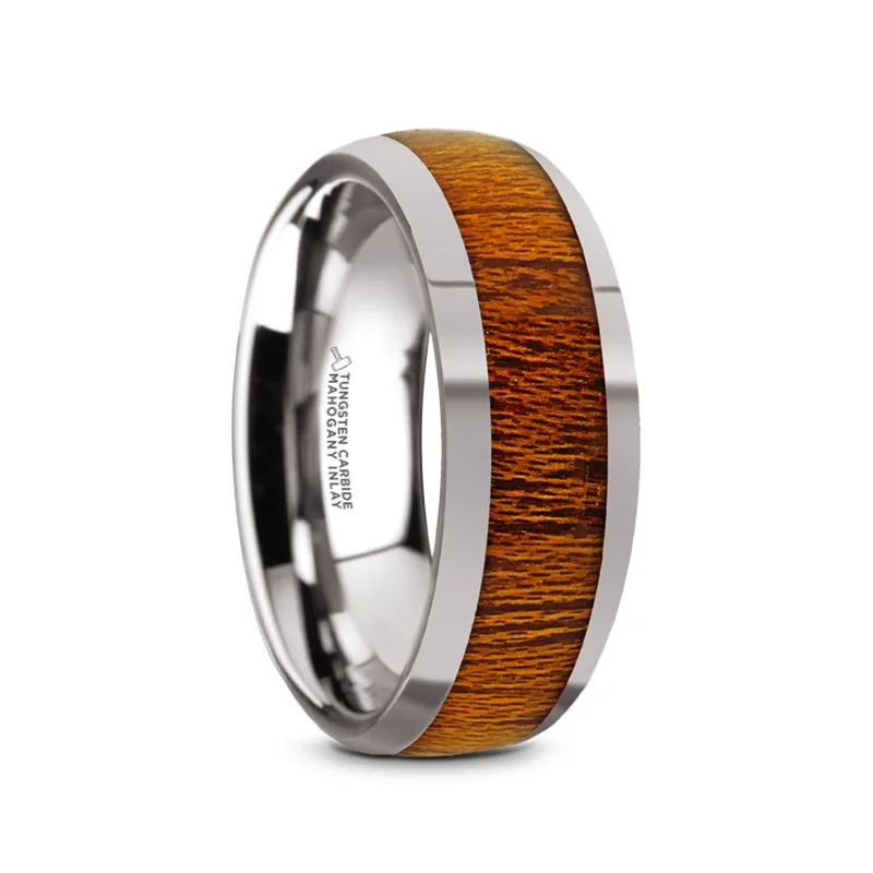 Simple yet elegant rings with diamonds-Domed Tungsten Men's Wedding Band with Mahogany Wood Inlay