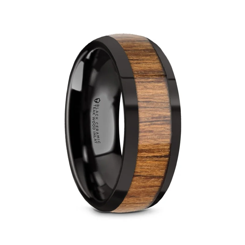 Wedding rings with diamonds and rubies-Teak Wood Inlay Black Ceramic Men's Wedding Band