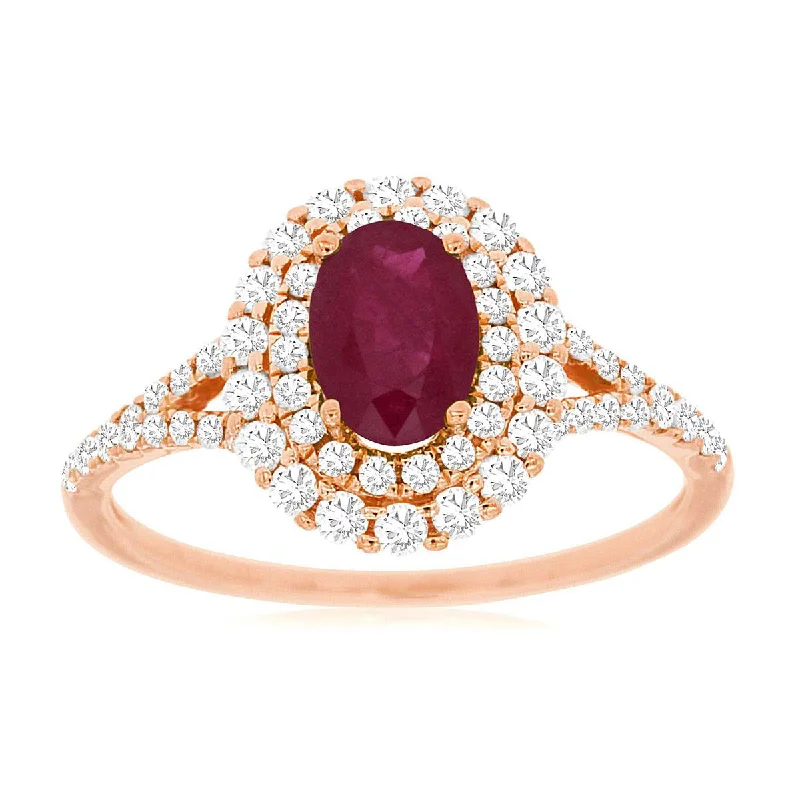 Affordable engagement rings with moissanite-Natural Red Oval Ruby Double Diamond Halo Ring in Rose Gold