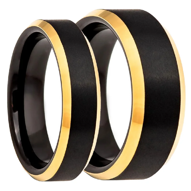 Modern rings with clean lines-Black Tungsten Couple's Matching Wedding Band Set with Beveled Gold Edges