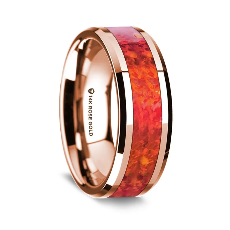 Affordable diamond rings with solitaire designs-14k Rose Gold Men's Wedding Band with Red Opal Inlay