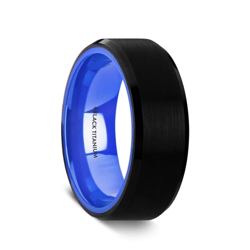 Custom rings with birthstone accents-Black Titanium Men's Wedding Band with Contrasting Blue Interior