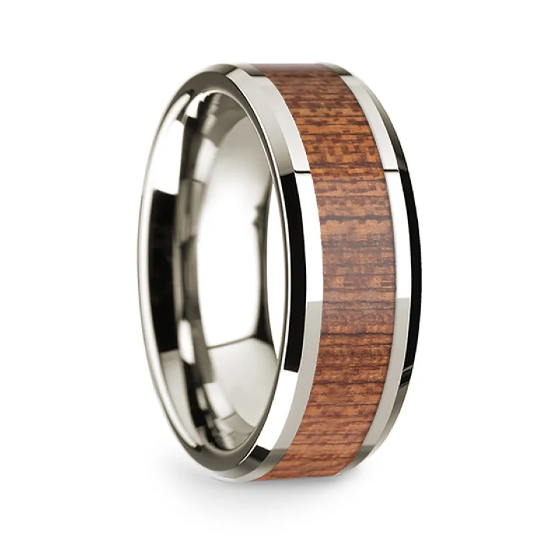 Modern minimalist rings for women-14k White Gold Men's Wedding Band with Cherry Wood Inlay