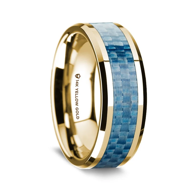 Simple wedding rings for women-14k Yellow Gold Men's Wedding Band with Blue Carbon Fiber Inlay