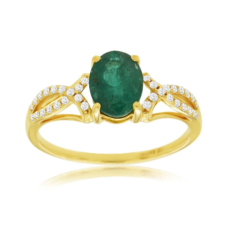 Simple engagement rings with sapphire accents-Vintage Inspired Green Oval Emerald Crossover Diamond Band Ring in Yellow Gold