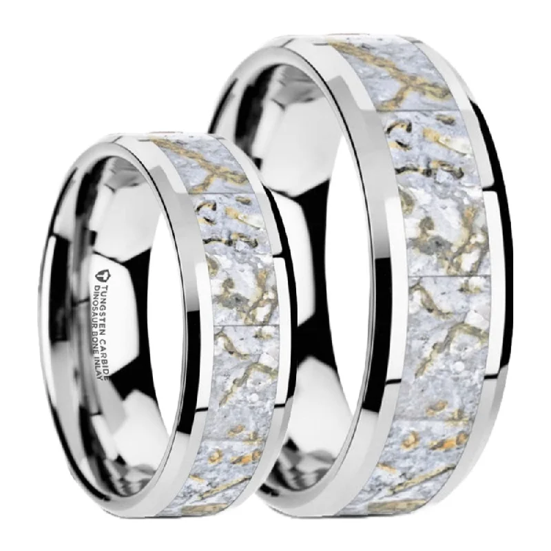 Modern engagement rings with simple designs-Tungsten Couple's Matching Wedding Band Set with White Dinosaur Bone Inlay