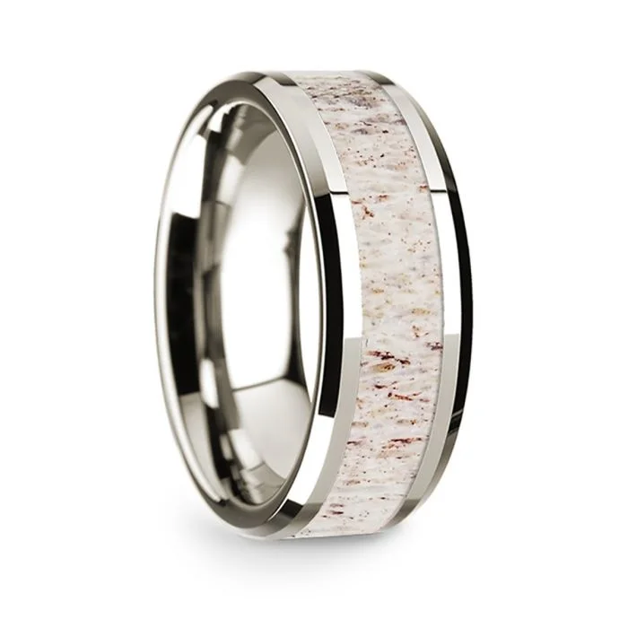 Elegant gold rings for women-14k White Gold Men's Wedding Band with White Deer Antler Inlay