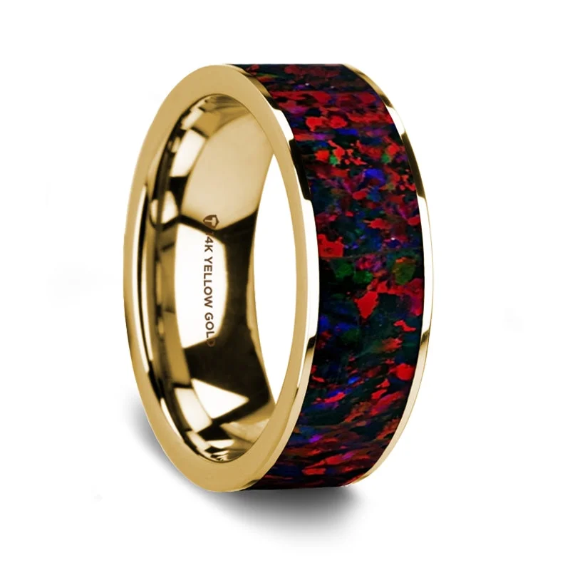 Sparkling rings with cubic zirconia-Black & Red Opal Inlay 14k Yellow Gold Men's Wedding Band