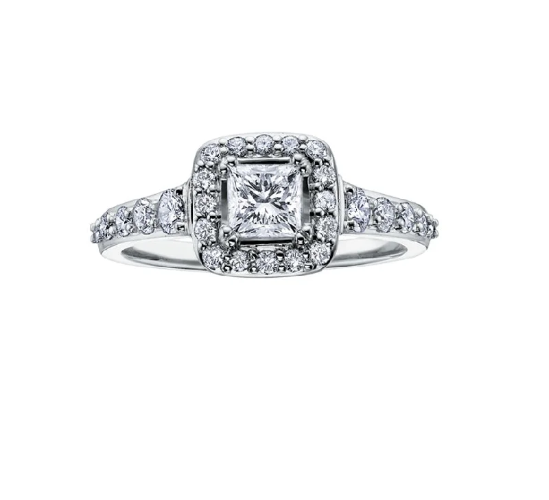 Timeless engagement rings with solitaire diamonds-14kt White Gold 0.50cttw Princess Cut Canadian Diamond Center Halo Engagement Ring