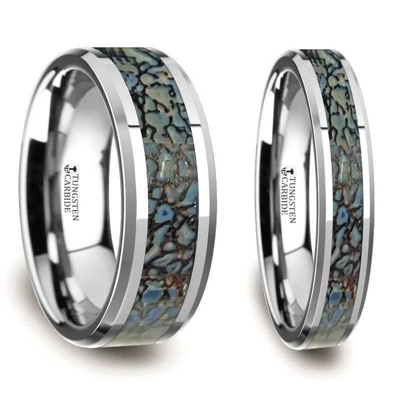 Affordable engagement rings for women-Blue Dinosaur Bone Inlaid Tungsten Carbide Couple's Matching Wedding Band Set