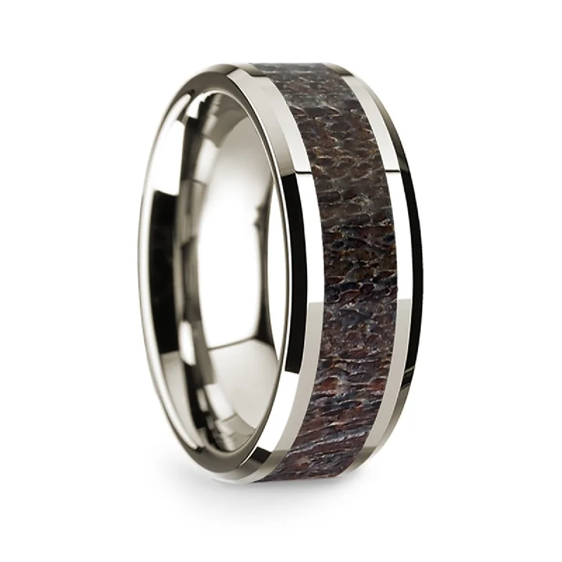 Custom-designed rings for women-14k White Gold Men's Wedding Band with Dark Deer Antler Inlay