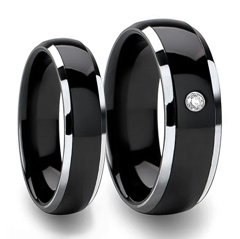 Elegant rings with pearl accents-Contrasting Edge Domed Black Ceramic & Tungsten Couple's Matching Wedding Band Set