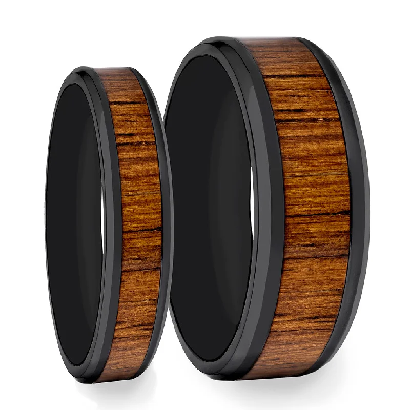 Simple but elegant wedding rings-Koa Wood Inlaid Black Ceramic Couple's Matching Wedding Band Set