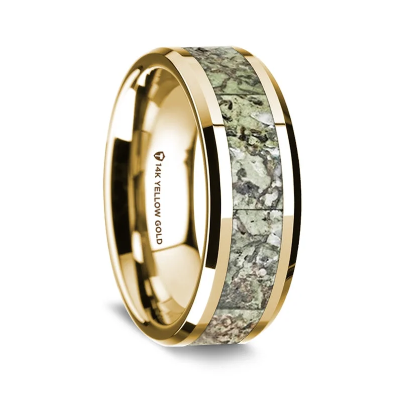 Beautiful cocktail rings for women-14k Yellow Gold Men's Wedding Band with Green Dinosaur Bone Inlay