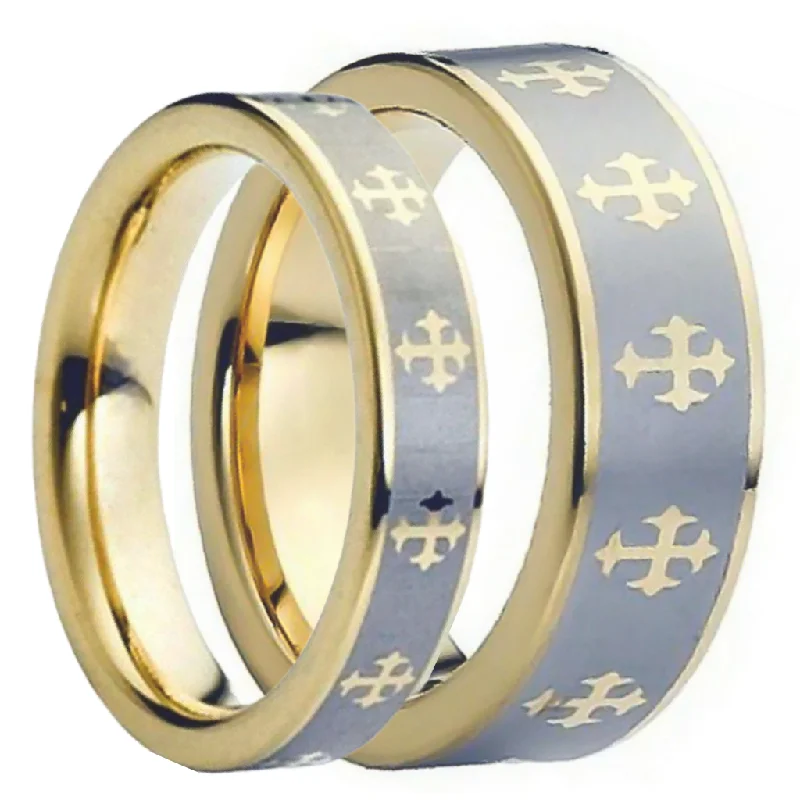 Stunning diamond wedding rings-Gold Cross Pattern Engraved Tungsten Couple's Matching Wedding Band Set