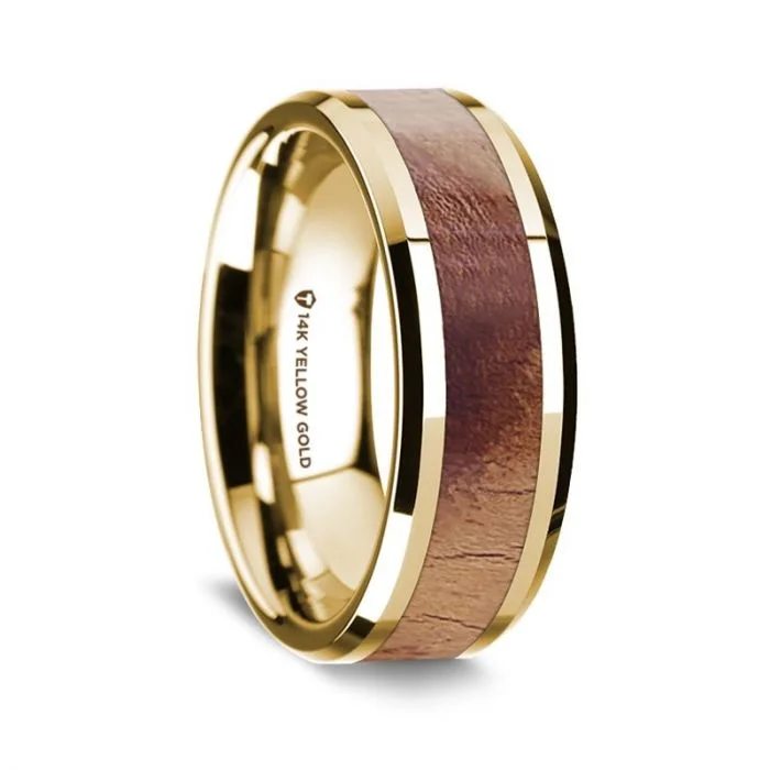 Modern engagement rings for women-14k Yellow Gold Men's Wedding Band with Olive Wood Inlay