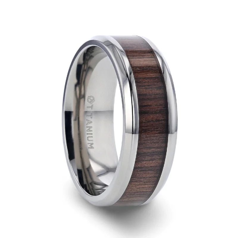 Statement rings with gemstones-Titanium Wedding Band with Black Walnut Wood Inlay