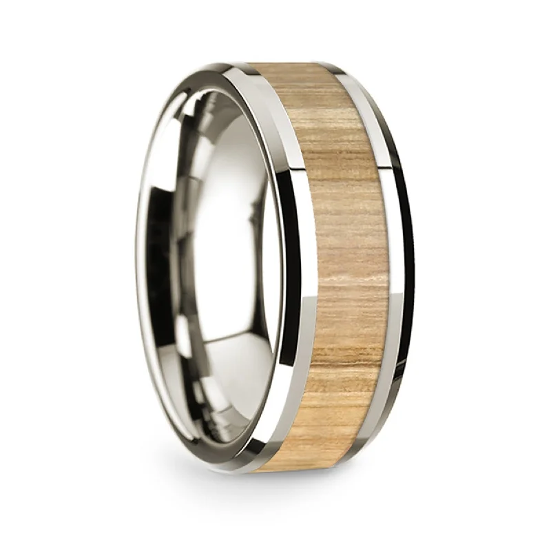 Custom rings with birthstones-14k White Gold Men's Wedding Band with Ash Wood Inlay