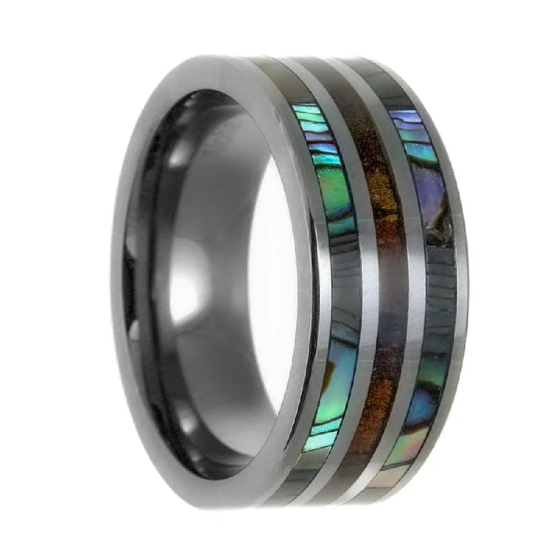 Engagement rings with radiant-cut diamonds-Men's Tungsten Band with Koa Wood & Abalone Shell Inlay