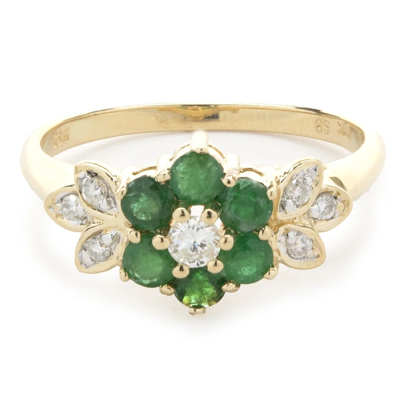 Elegant solitaire engagement rings-14 Karat Yellow Gold Emerald and Diamond Flower Ring