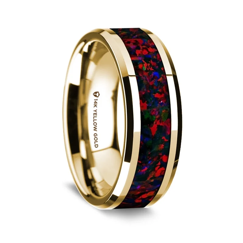 Engagement rings with princess-cut stones-14k Yellow Gold Men's Wedding Band with Black & Red Opal Inlay