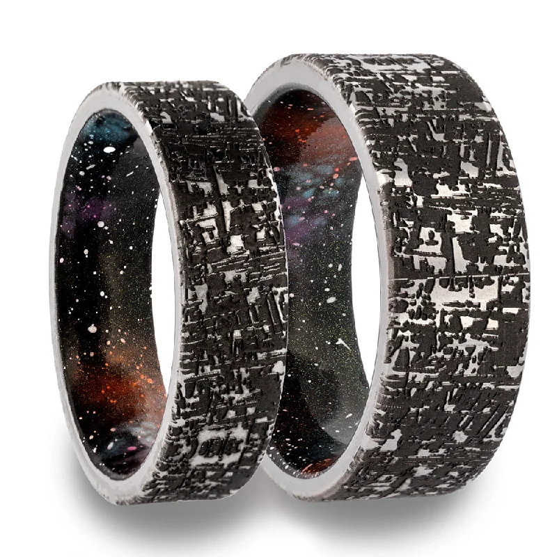 Modern rings with clean lines-Galaxy Inspired Tungsten Couple's Matching Wedding Band Set with Meteorite Engraved Pattern