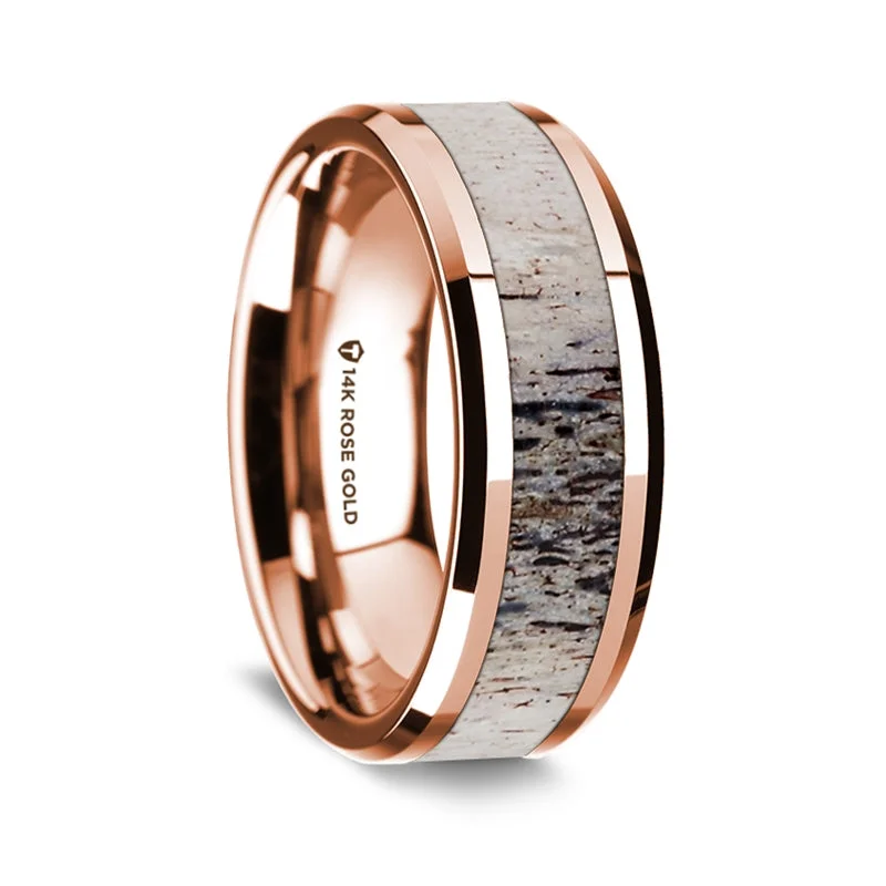 Simple but elegant wedding rings-14k Rose Gold Men's Wedding Band with Ombre Deer Antler Inlay