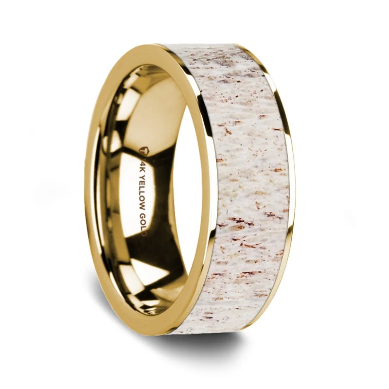 Trendy rings for modern women-White Deer Antler Inlay 14k Yellow Gold Men's Wedding Band