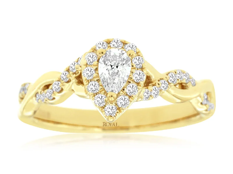 Beautiful engagement rings with princess cut diamonds-Pear Shaped Diamond Halo Crossover Engagement Ring in 14k Yellow Gold, 0.85cttw