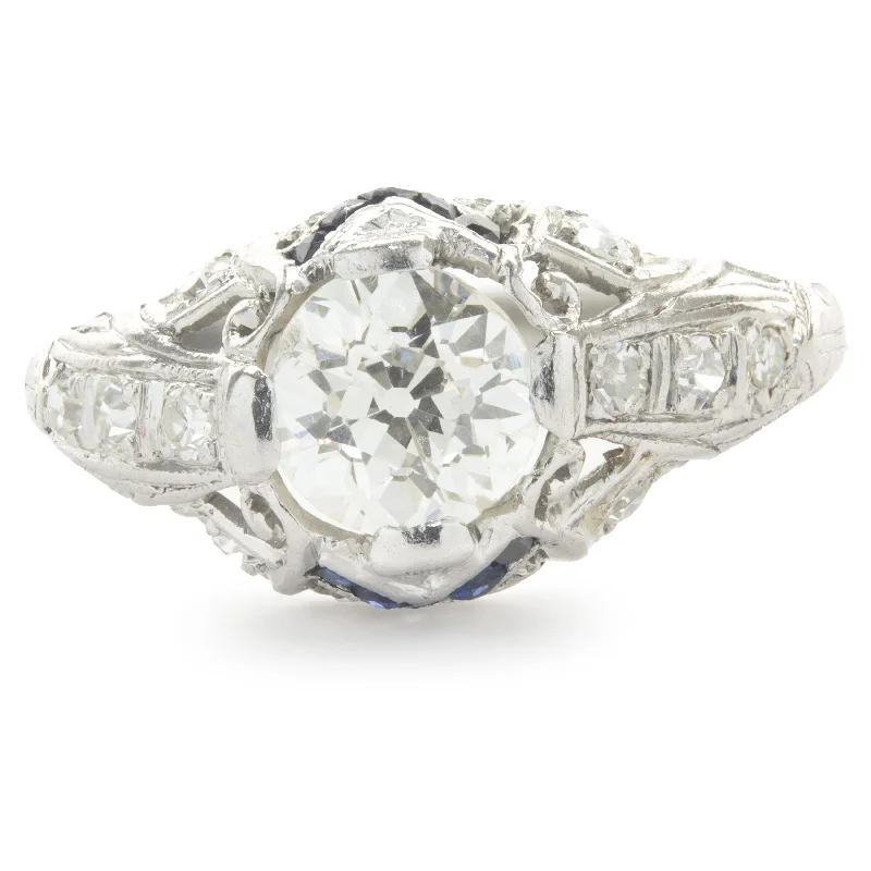 Vintage-inspired engagement rings for women-Platinum Vintage Art Deco Diamond and Sapphire Ring