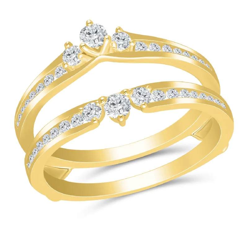 Unique engagement rings with diamond accents-Yellow Gold Engagement Ring Guard with Channel Set Diamonds, 0.50 cttw