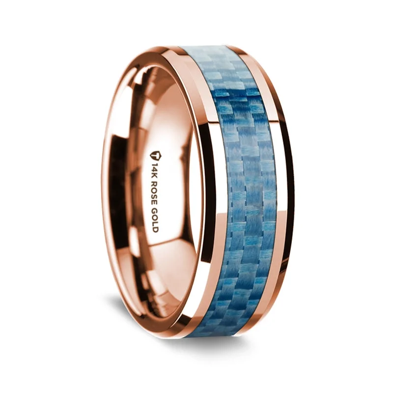 Elegant rings for gift-giving-14k Rose Gold Men's Wedding Band with Blue Carbon Fiber Inlay