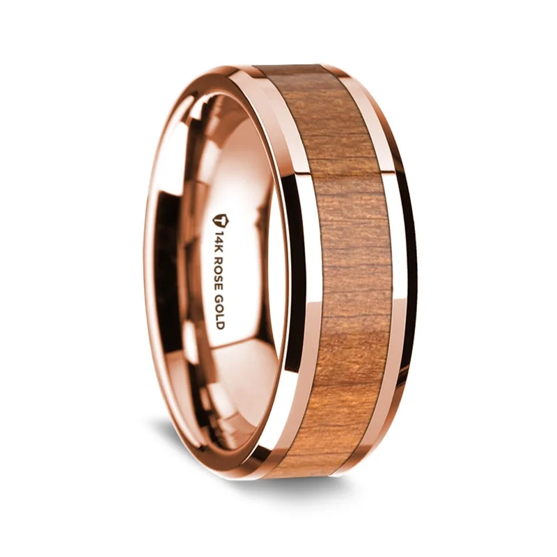 Unique rings for fashion-forward women-14k Rose Gold Men's Wedding Band with Cherry Wood Inlay