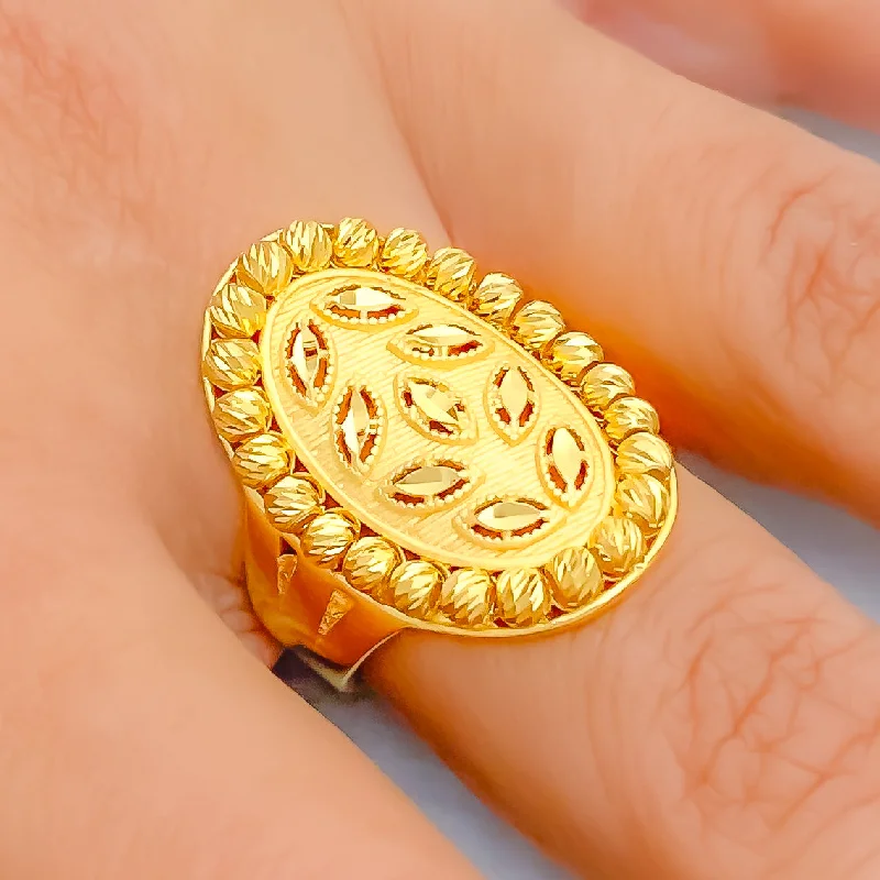 Beautiful bands with diamonds for women-Vibrant Leaf 22k Gold Ring